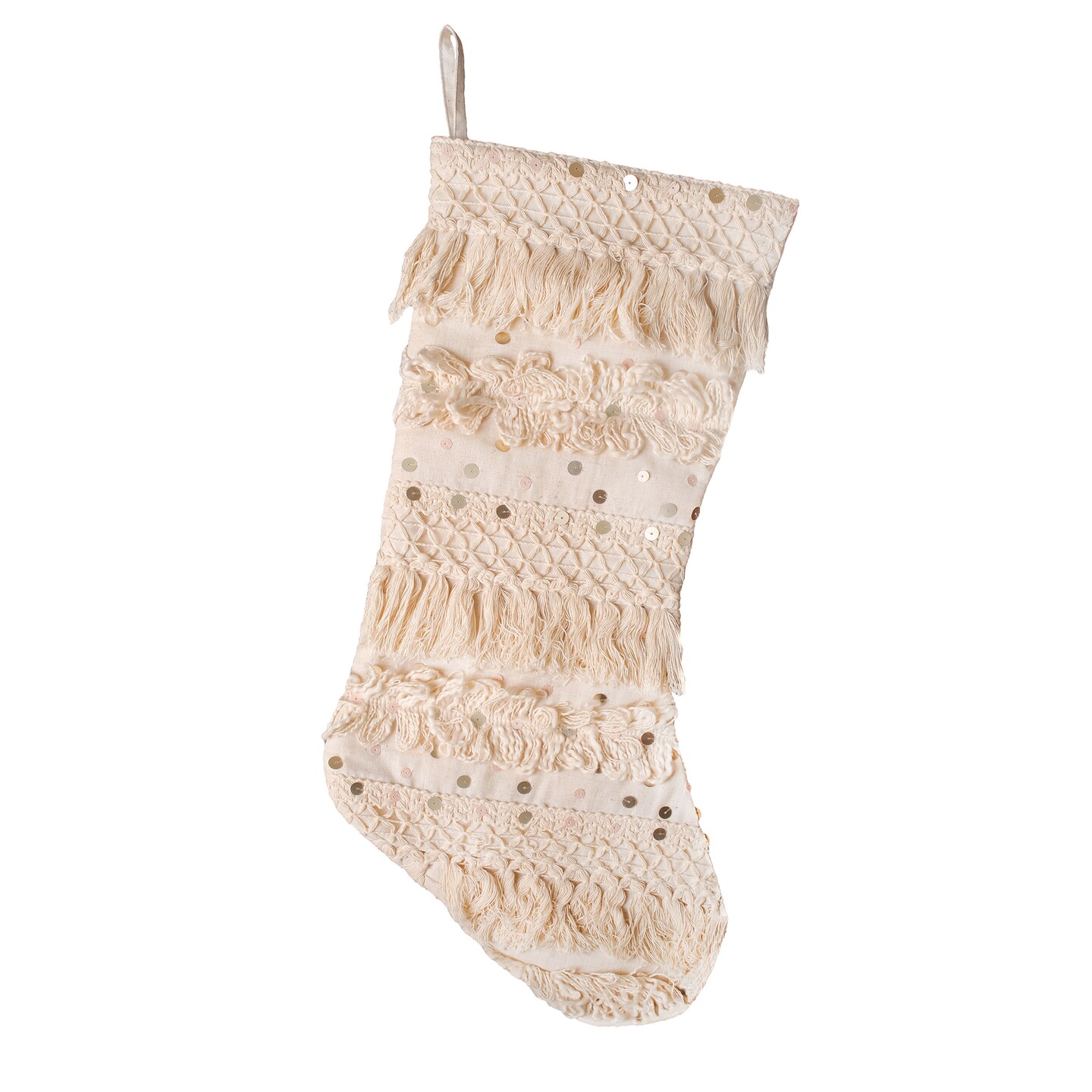 HGTV Home Collection Christmas Stocking With Fringe And Sequin Detail, 20 in