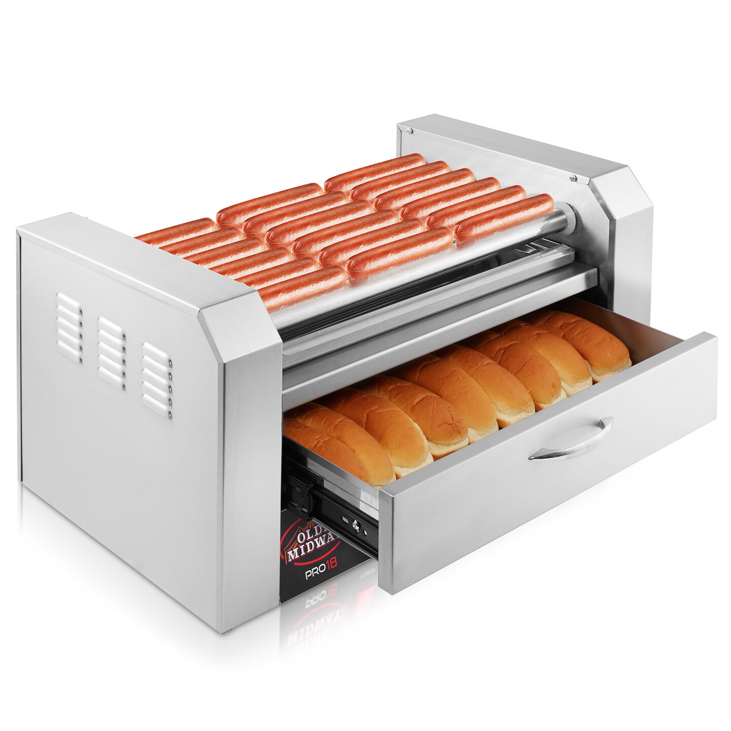 Olde Midway Electric Hot Dog Roller Grill Cooker Machines with Bun Warming Drawer - Commercial Grade