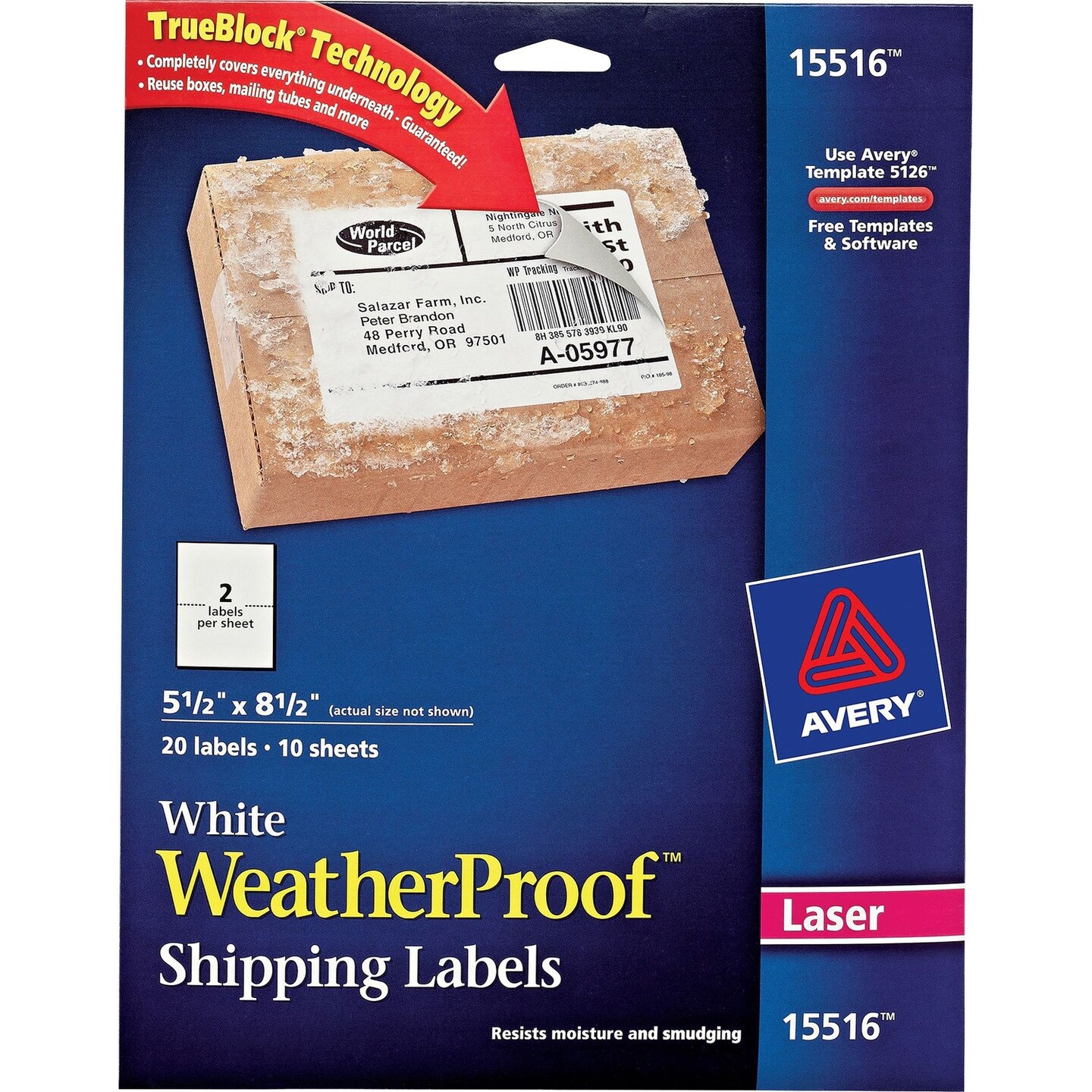 Avery Weatherproof Mailing Labels 5-1/2 x 8-1/2 20/PK White