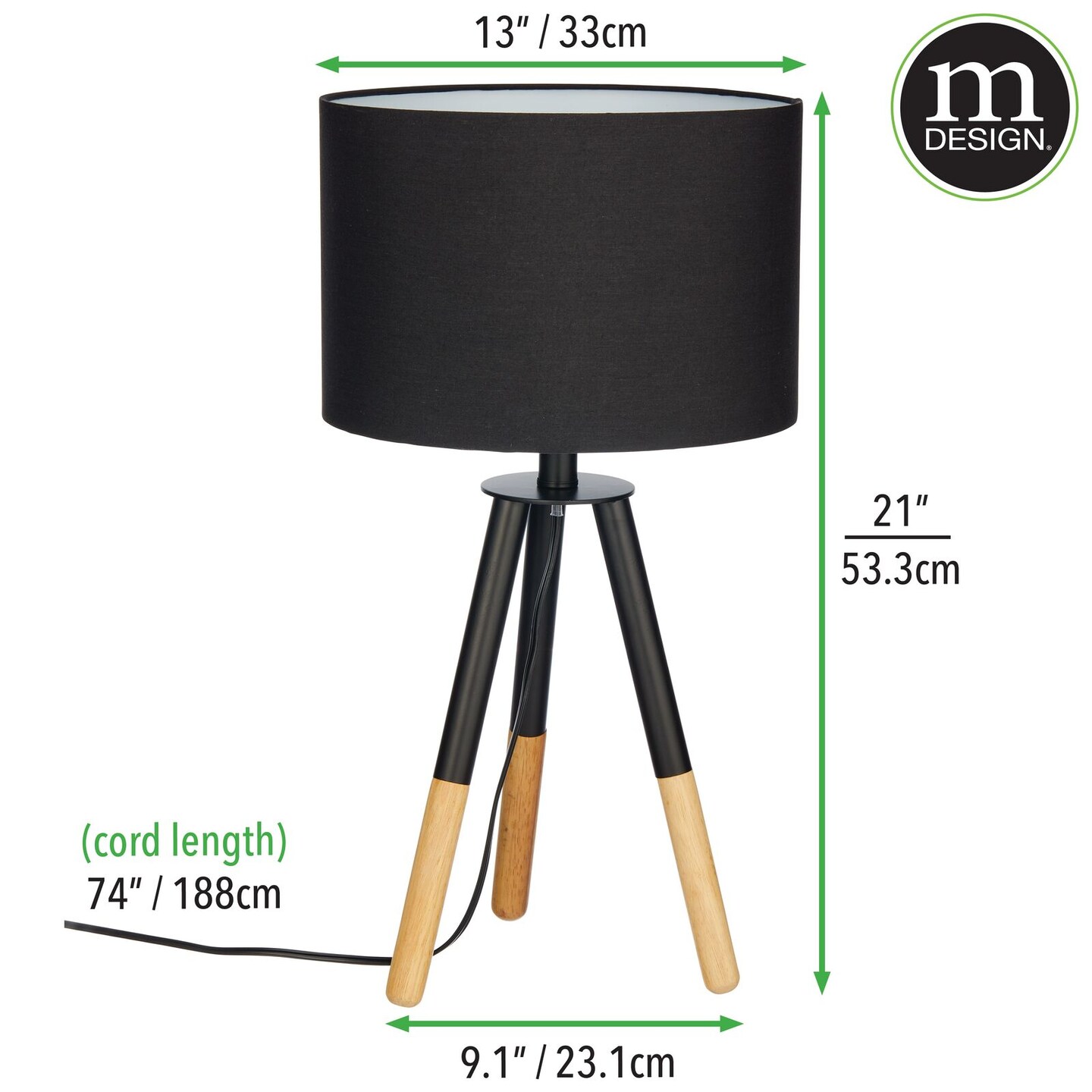 mDesign Metal and Wood Tripod Table Lamp