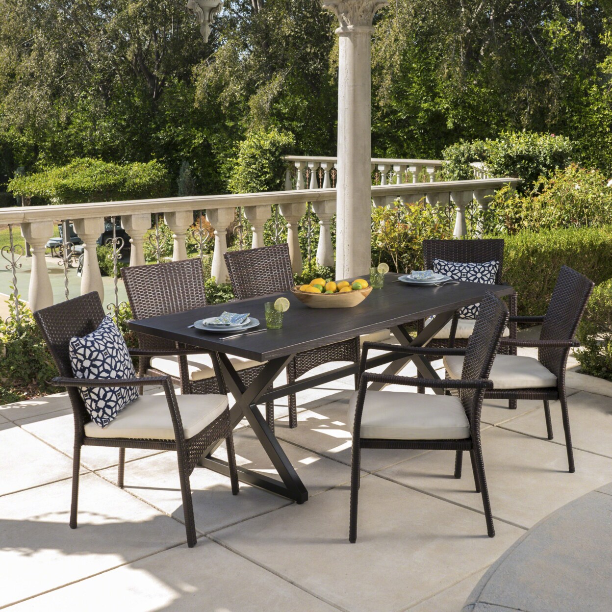 GDFStudio Adelade Outdoor 7 Piece Aluminum Dining Set with Wicker Dining Chairs