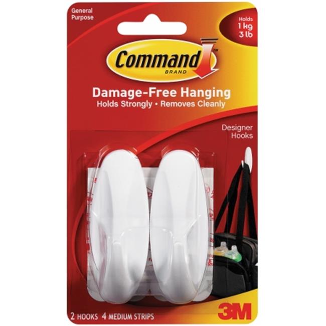 3M Command Designer Medium Hooks-White 2 Hooks and 4 Strips