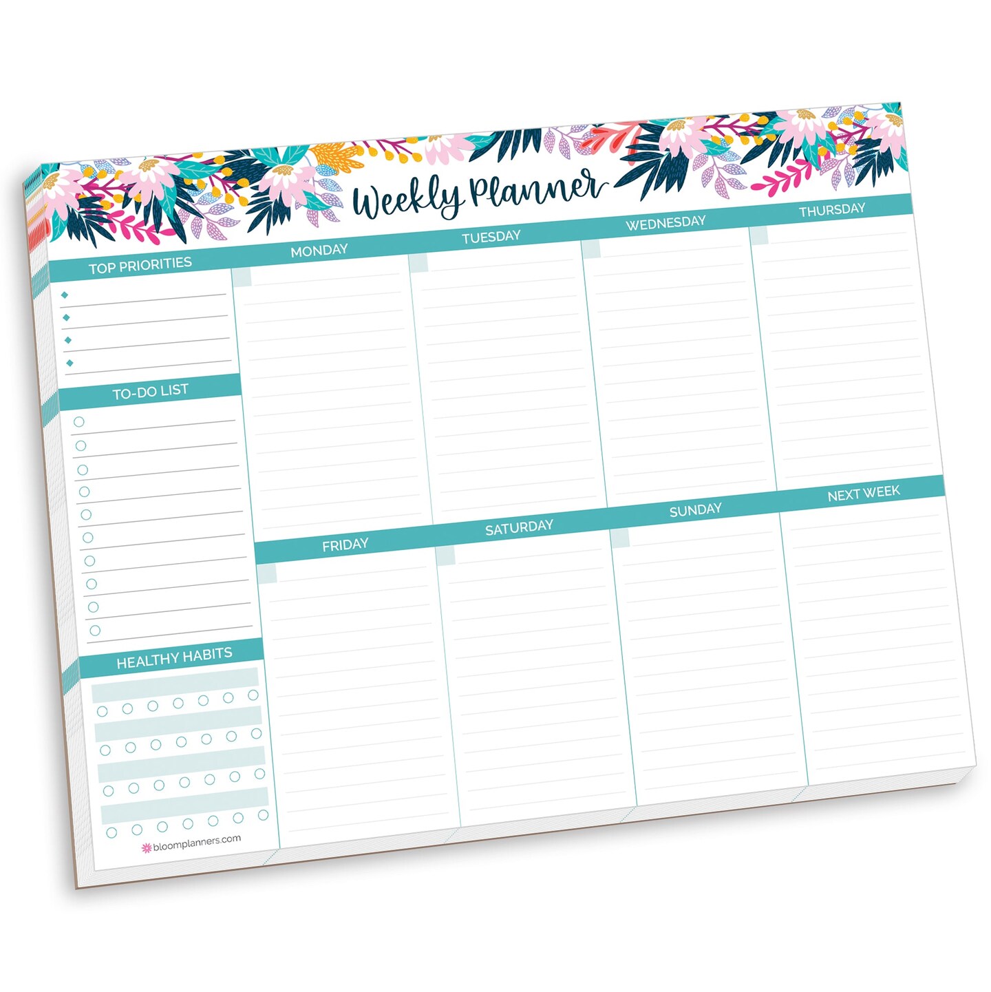bloom daily planners Planning Pad, 8.5&#x22; x 11&#x22;, Horizontal Weekly Planner, Teal Floral