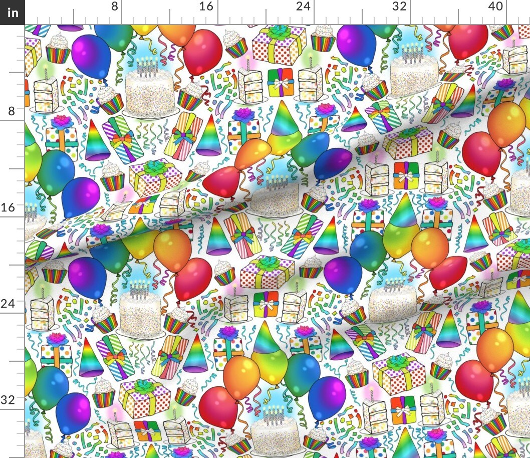 Rainbow Retro Party Celebration Balloons Gifts Birthday Cake Cupcake Fun Custom Printed Fabric by Spoonflower Various Fabrics by the Yard or Fat Quarter