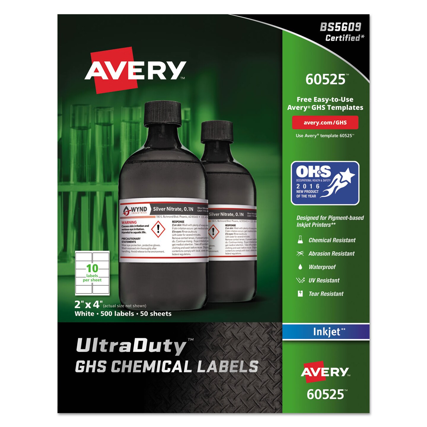 UltraDuty GHS Chemical Waterproof and UV Resistant Labels, 2 x 4, White, 10/Sheet, 50 Sheets/Pack
