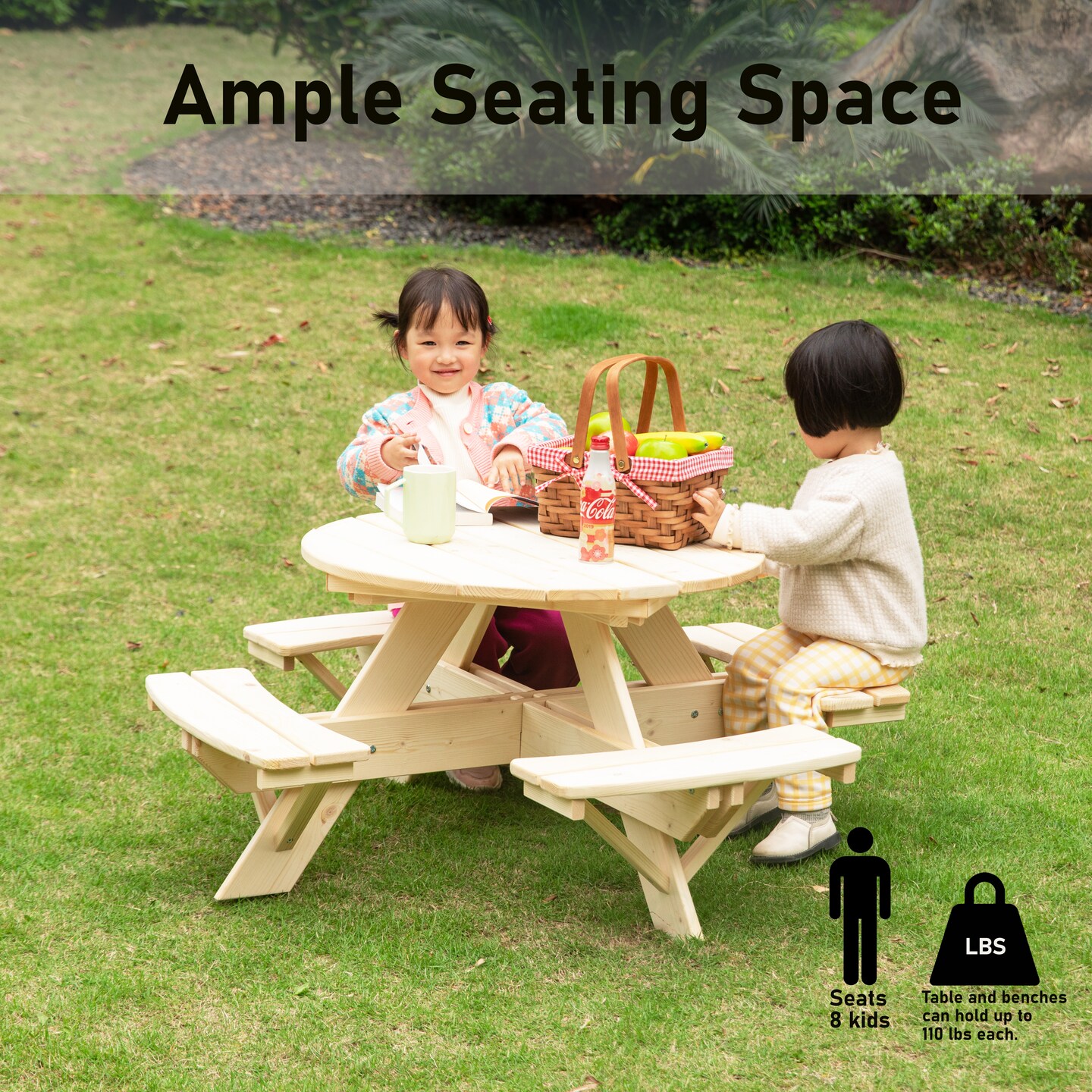 Wooden Kids Round Picnic Table Bench, Outdoor Children&#x27;s Backyard Table, Crafting, Dining, and Playtime Patio Table