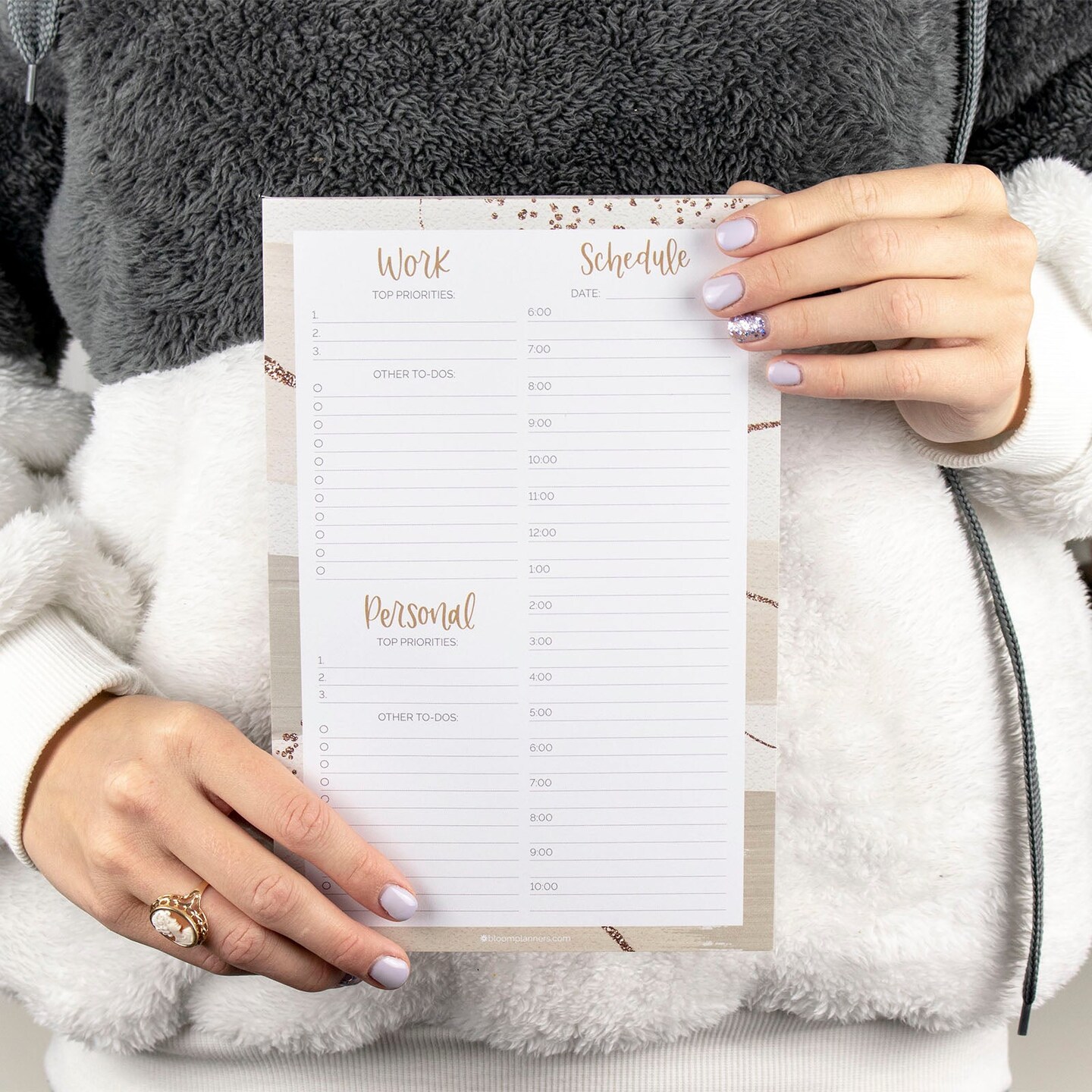 bloom daily planners Planning Pad, 6&#x22; x 9&#x22;, Timed Work &#x26; Personal To-Do List, Brushed Beige