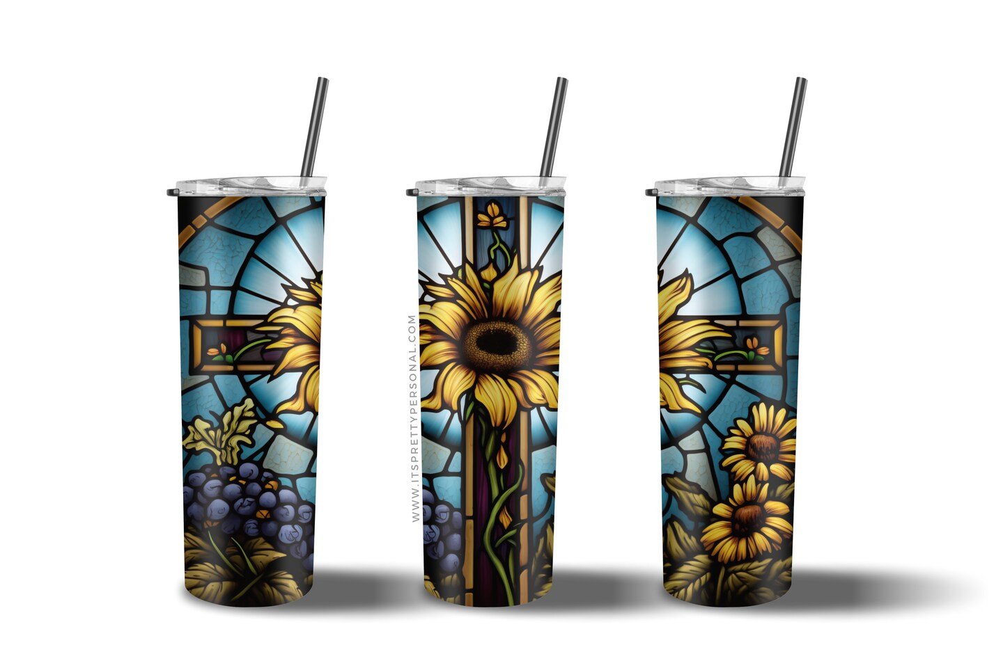 #100 CLEAR- 20oz -Sunflower Cross Stained Glass 9.4" x 8" Pattern Vinyl Wrap