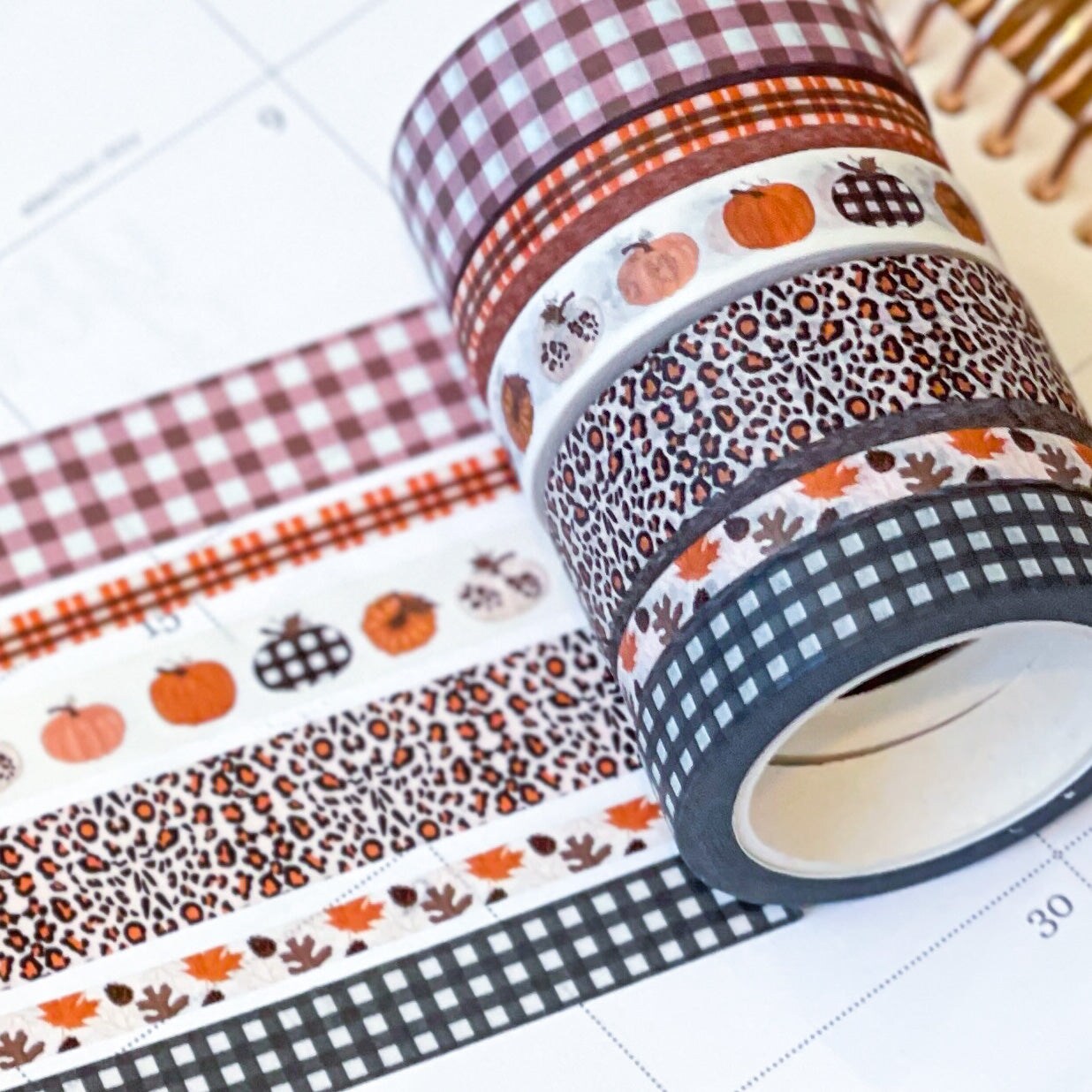 Fall Pumpkins Buffalo Check Leopard Print &#x26; Plaid Washi Tape Set (#W035)