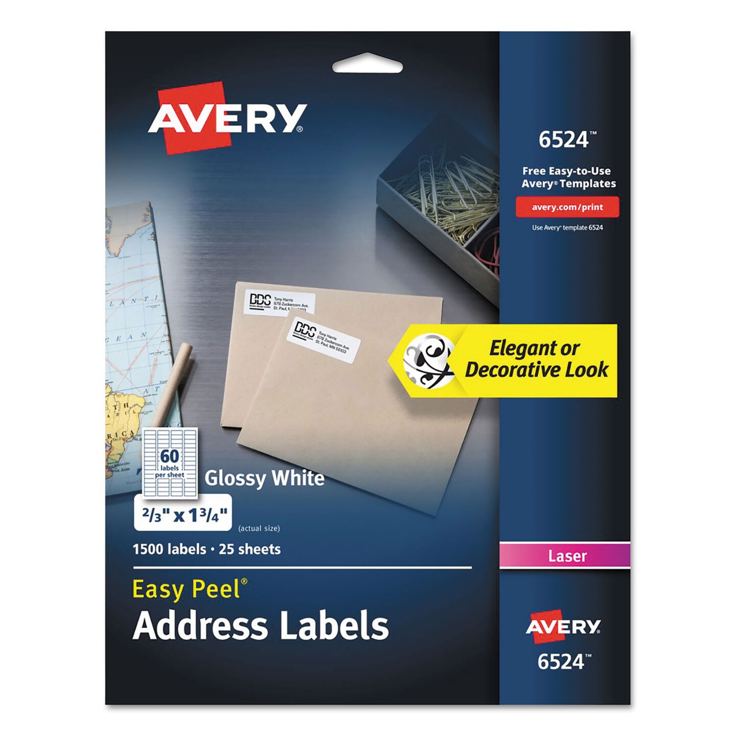 Avery Glossy White Easy Peel Mailing Labels w/ Sure Feed Technology Laser Printers 0.66 x 1.75 White 60/Sheet 25 Sheets/Pack