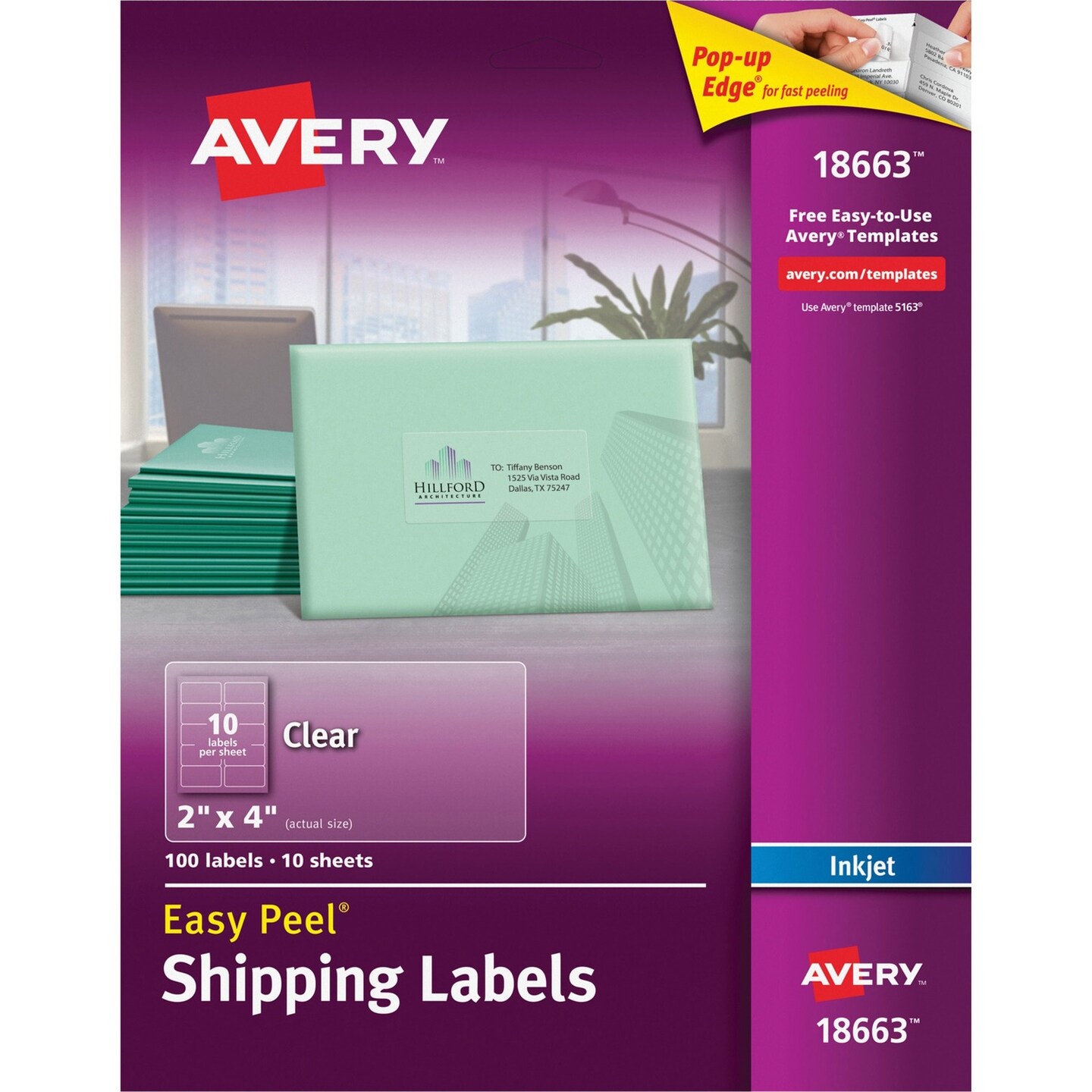 Avery Easy Peel Mailing Labels for Inkjet Printers 2x4 Clear 100 per Pack
