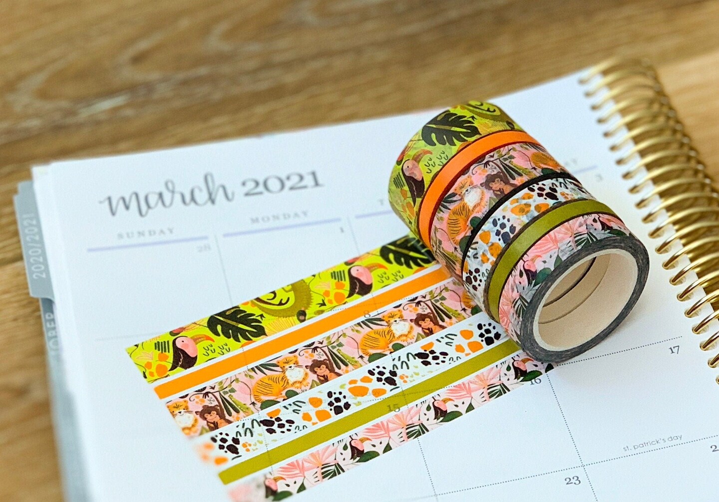 Jungle Lush Tropical Tigers Monkeys Birds & Zebras Green & Orange Washi Tape Set (#W020)