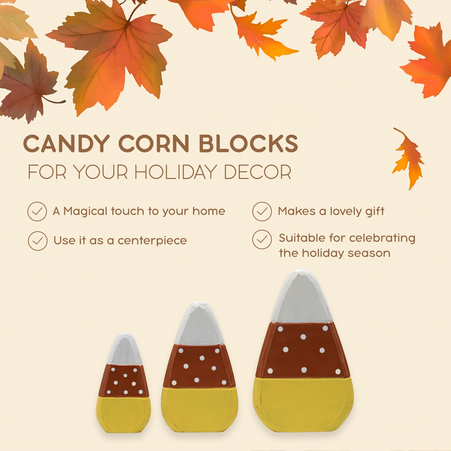 Ornativity Candy Corn Home Decorations - Rustic Wooden Painted Fall Shelf Sitters Farmhouse Mantel Shelves and Tabletop Ornament Decor - Set of 3 Pieces