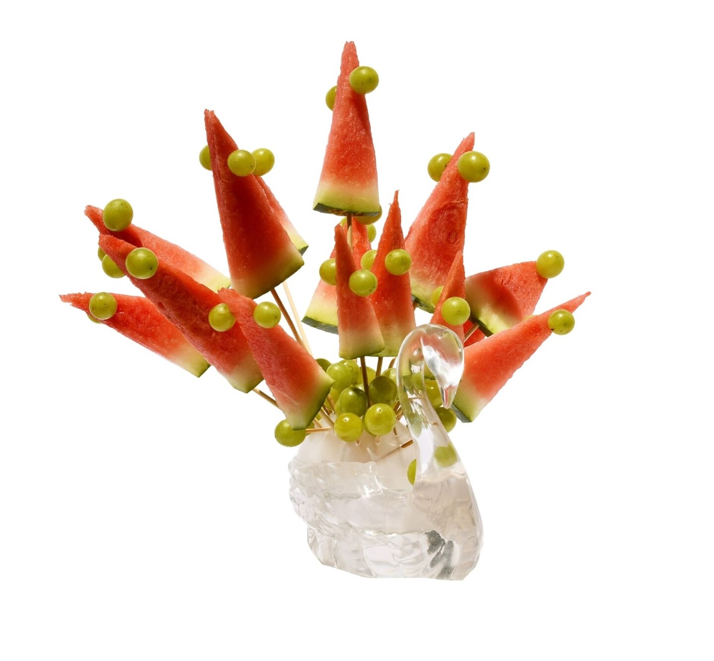 Skewer Food Server, The Elegant Swan Set Includes 100 All Natural Bamboo Skewers to display bite-sized fruits, vegetables, meats, cheese, desserts, and other appetizers.