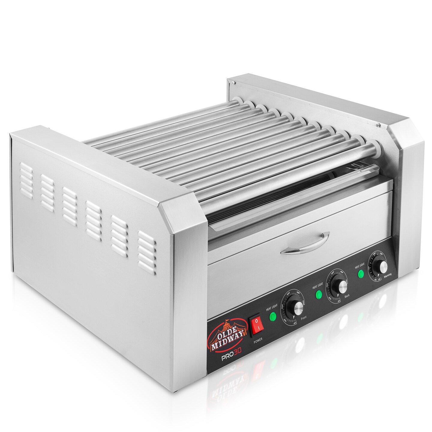 Olde Midway Electric Hot Dog Roller Grill Cooker Machines with Bun Warming Drawer - Commercial Grade