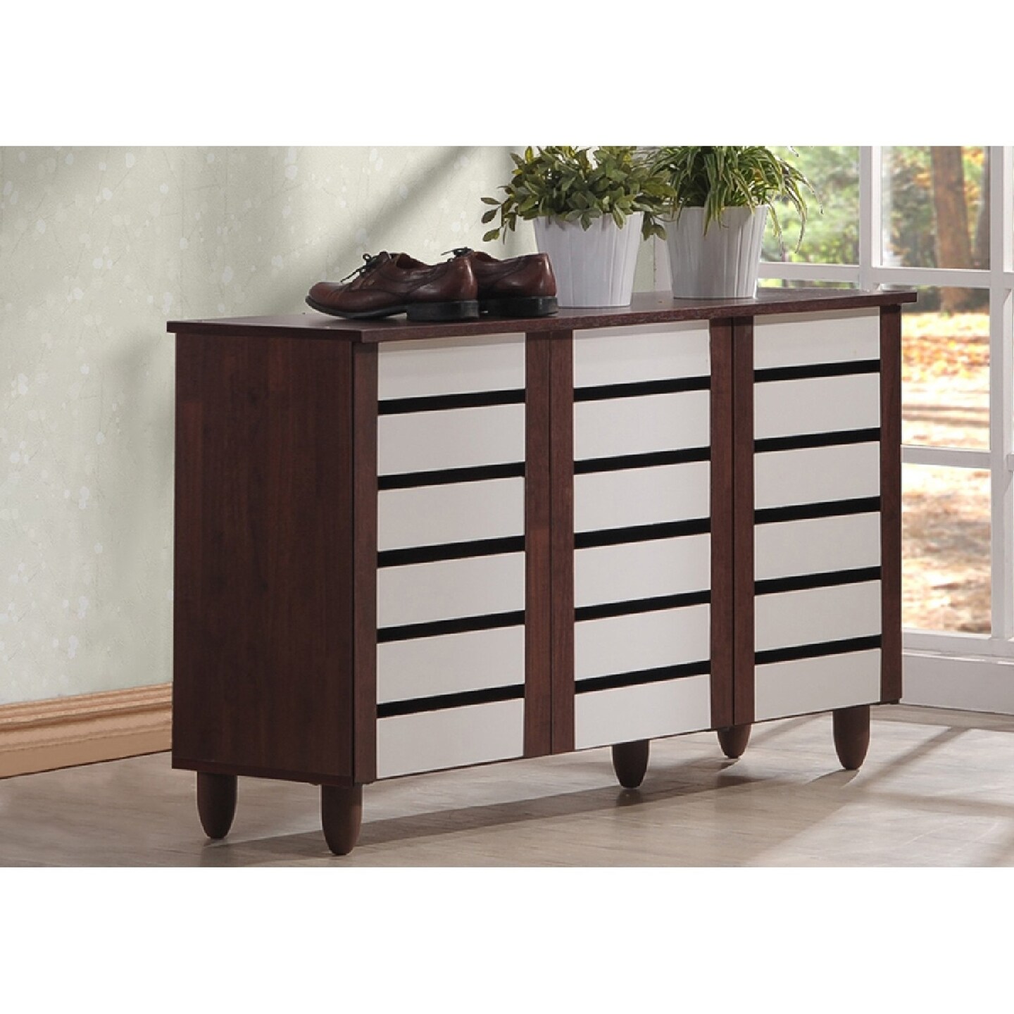 Wholesale Interiors Baxton Studio Gisela Oak and White 2-tone Shoe Cabinet With 3 Doors