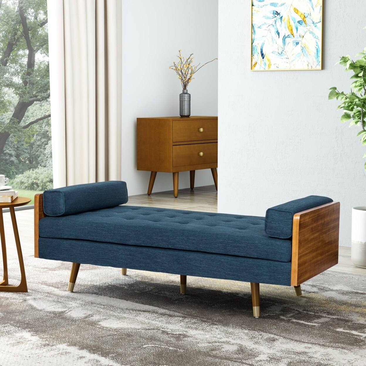 GDFStudio Tiltonsville Mid-Century Modern Tufted Double End Chaise Lounge with Bolster Pillows
