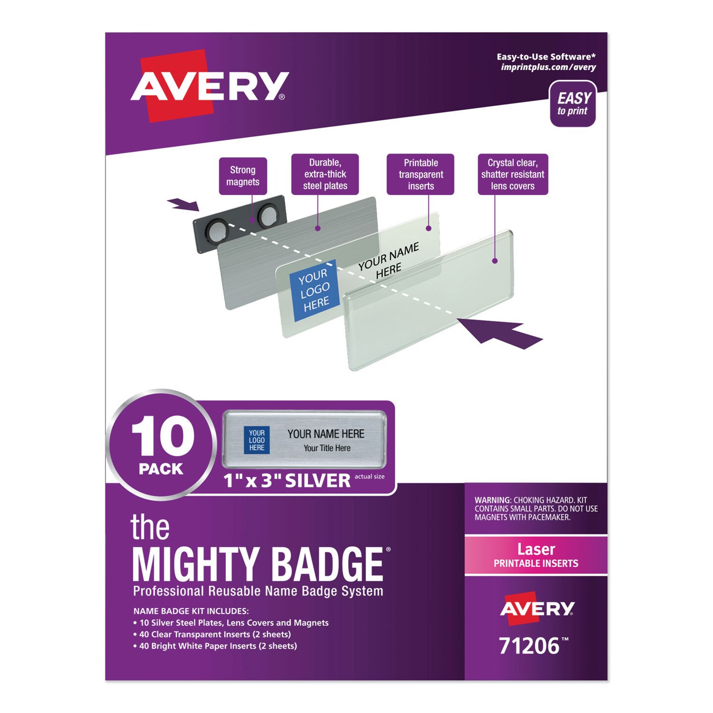 Avery The Mighty Badge Name Badge Holder Kit Horizontal 3 x 1 Laser