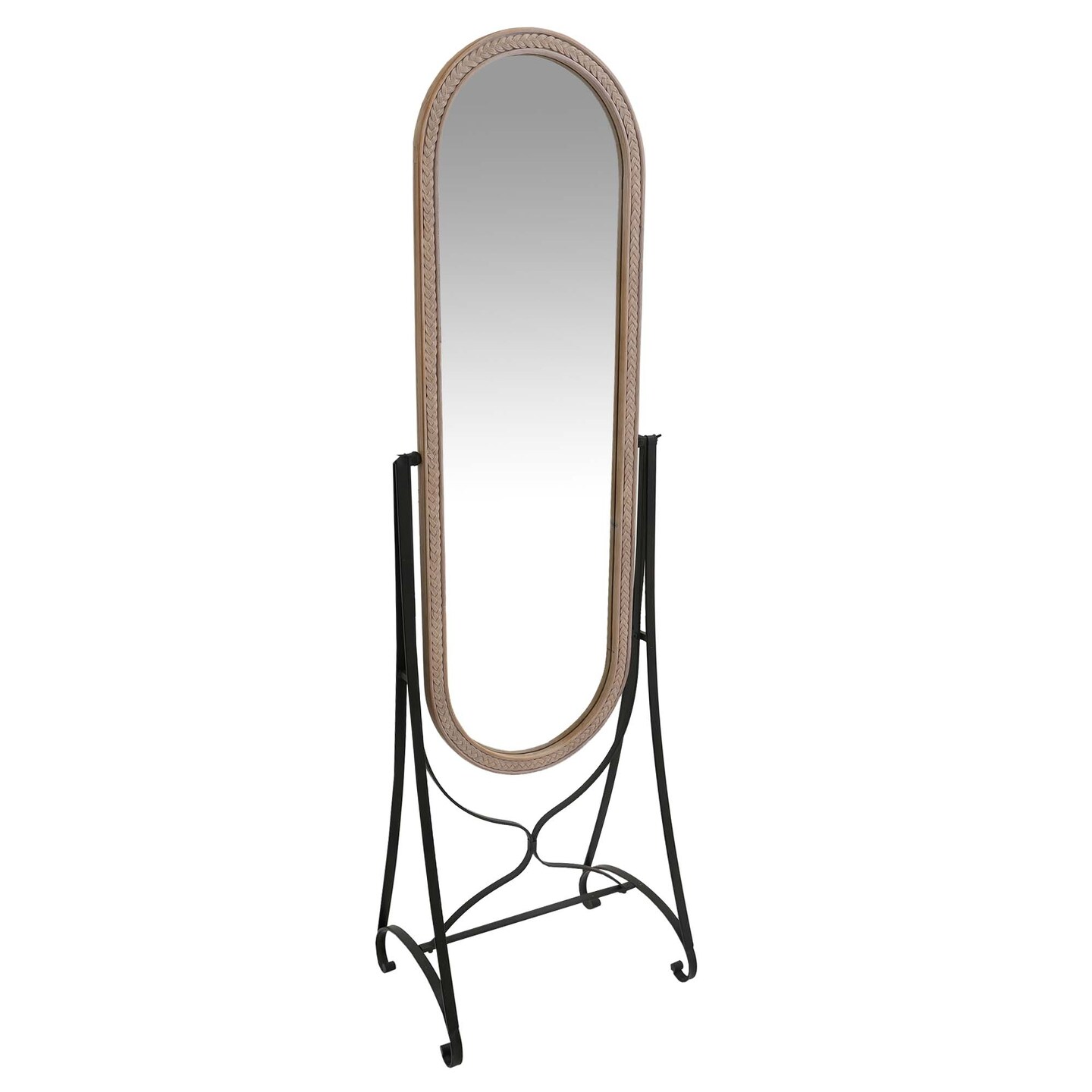 Saltoro Sherpi 64 Inch Tall Adjustable Floor Mirror with Oval Carved Wood Frame and Metal Stand, Brown,