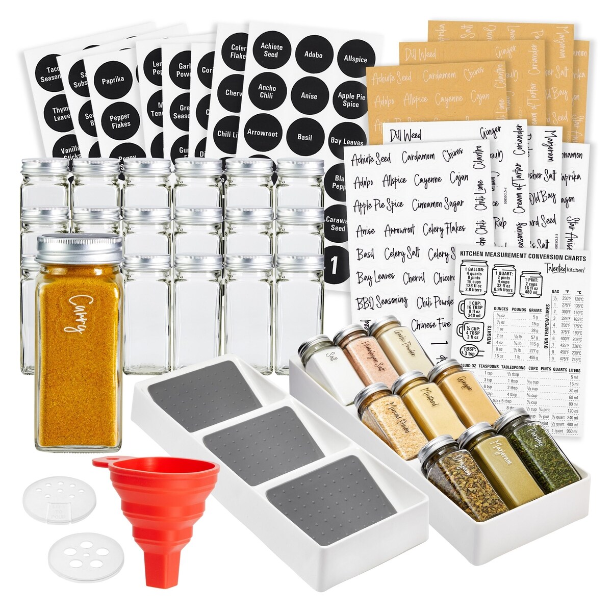 Talented Kitchen Spice Drawer Organizer with Jars and Labels with 18 Empty  4-oz Spice Bottles, 416 Seasoning Labels, 2 Pcs 3-Tier Trays for Drawer