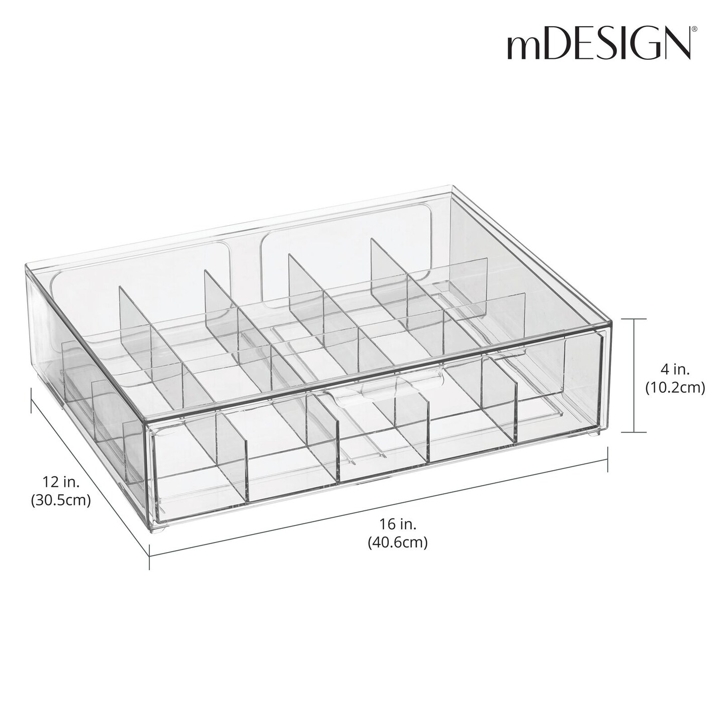 mDesign Divided Plastic 20-Section Stackable Tea Bin w/ Drawer - Clear