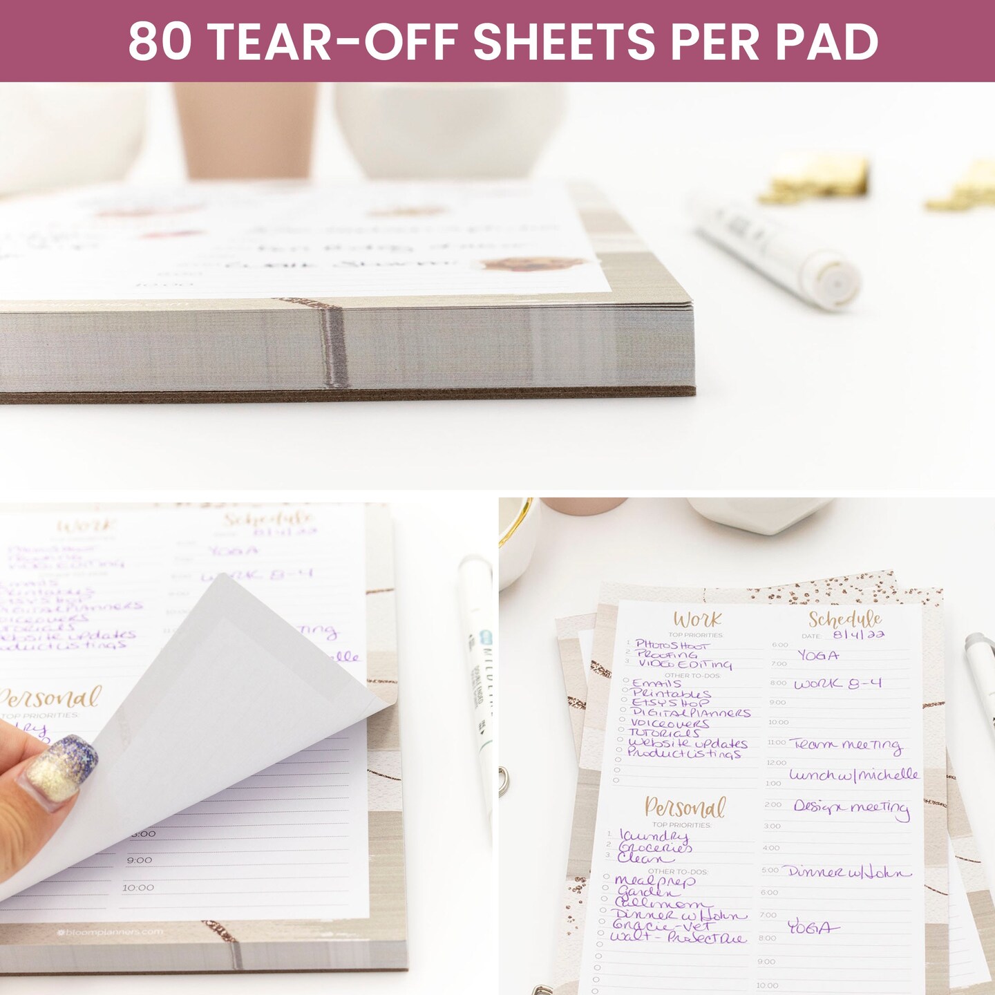 bloom daily planners Planning Pad, 6&#x22; x 9&#x22;, Timed Work &#x26; Personal To-Do List, Brushed Beige