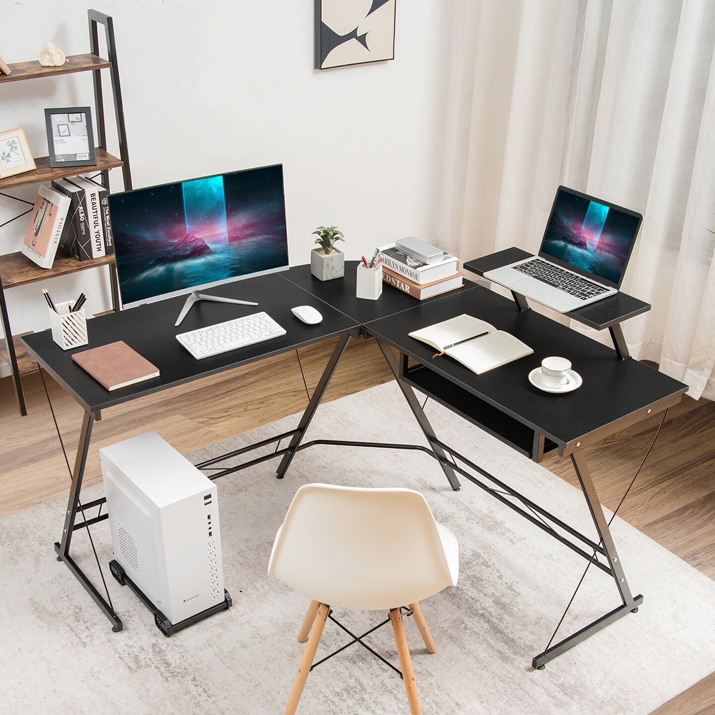 Costway L Shaped Computer Desk Home Office Workstation w/ Movable Monitor Stand