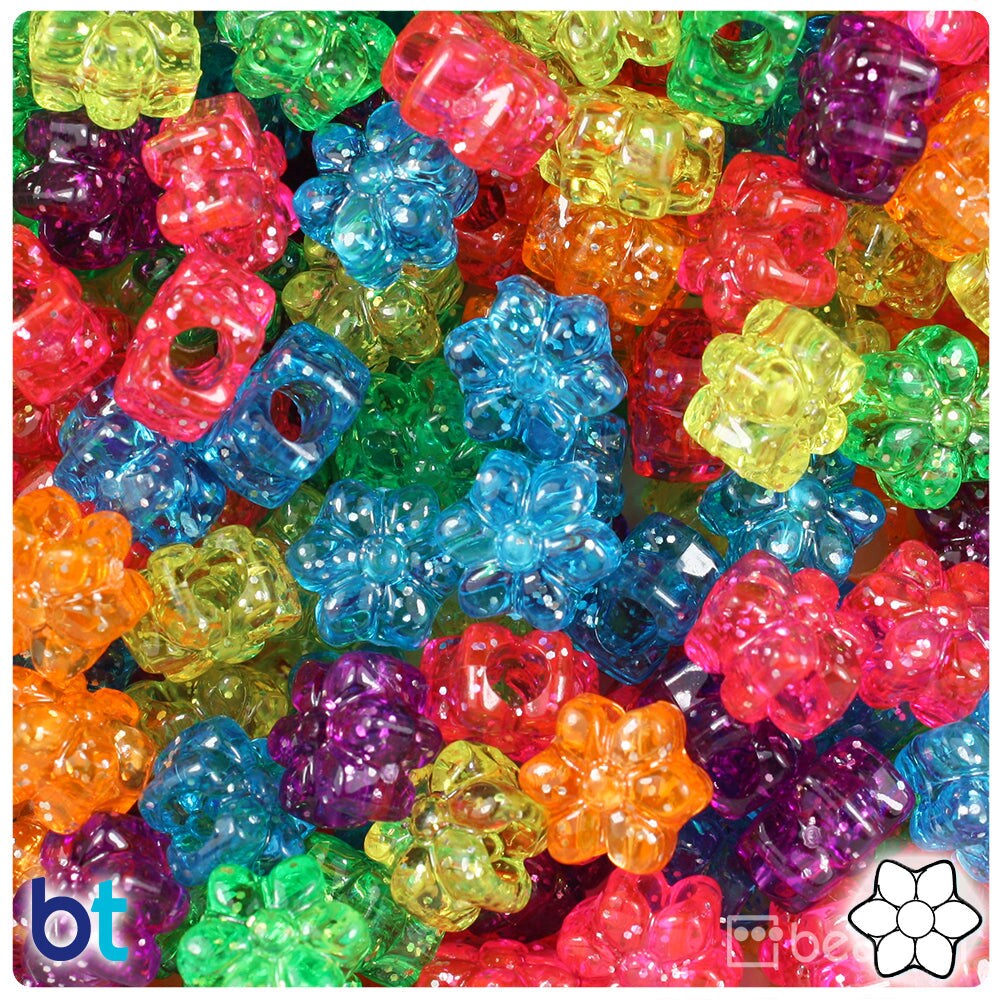 BeadTin Jelly Sparkle Mix 13mm Flower Plastic Pony Beads (250pcs)