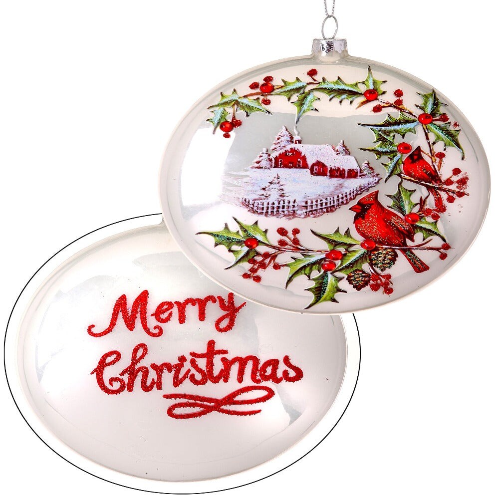 5&#x22; Glass Disc Country Cardinals Ornament - Festive Christmas Tree Decoration