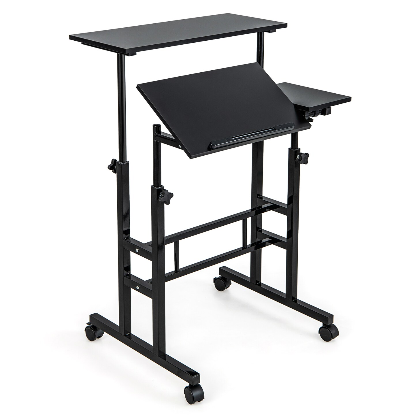 Costway Mobile Stand up Computer Desk Rolling Standing Laptop Cart with 2 Tilting Desktops Sitting Standing Modes Height Adjustable Home Office Black