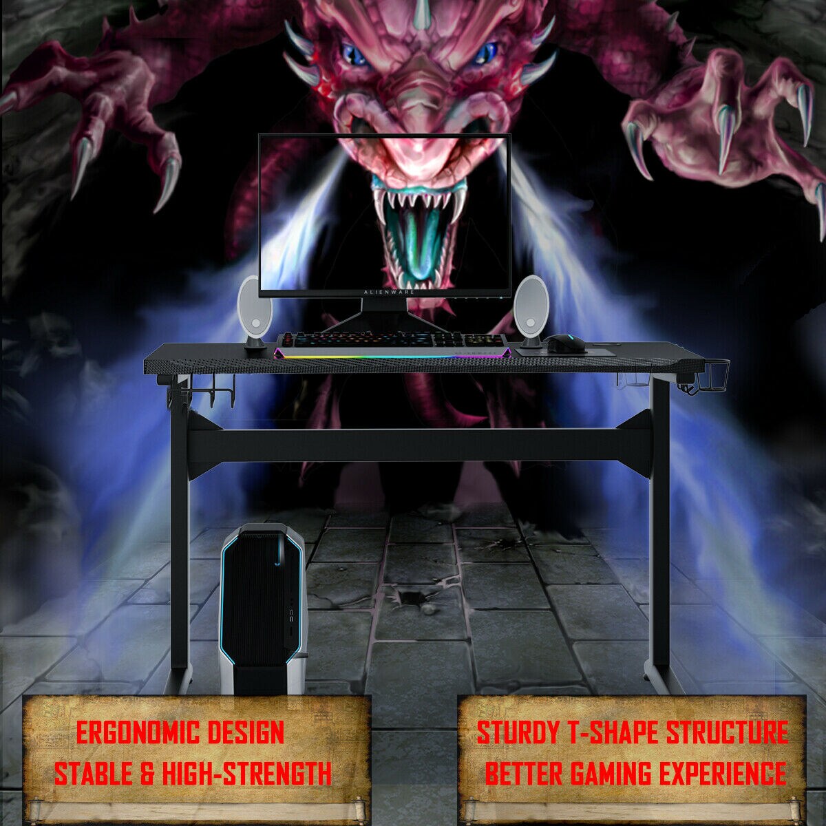 Costway Gaming Computer Desk Carbon Fiber Surface w/Mousepad Cup Holder Headphone Hook