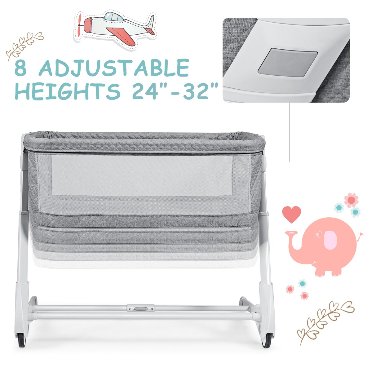 Babyjoy Baby Side Bedside Sleeper Washable Mattress Height Adjustable GreyWhite