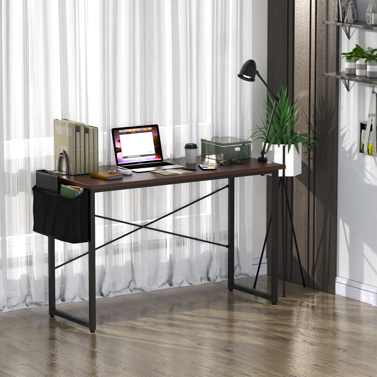 Costway Modern Computer Desk 47'' Study Writing Table w/ Storage Bag Coffee Black/Brown/Coffee