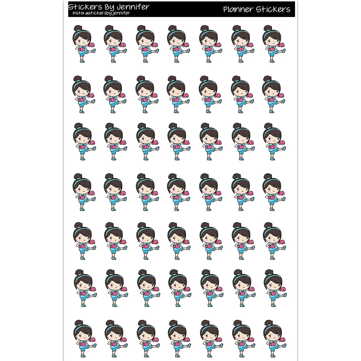 Dark Haired Chibi Girl Kickboxing Planner Stickers