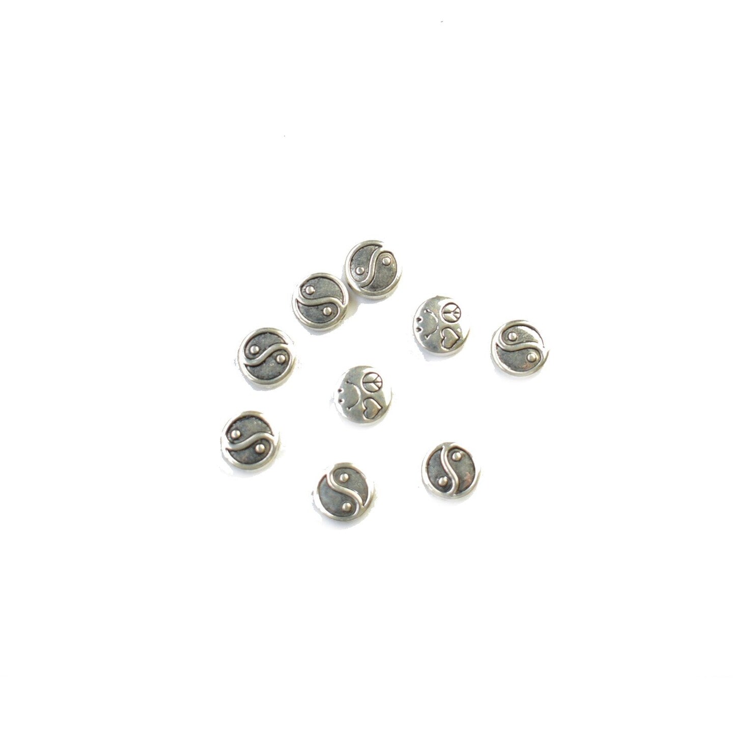 Silver Tone Metal Peace Love &#x26; Yin Yang 10mm (2 sided) Beads