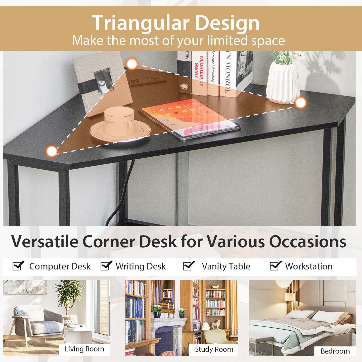 Costway Triangle Computer Desk Corner Desk Home Office with Power Outlets USB Ports Black/Rustic