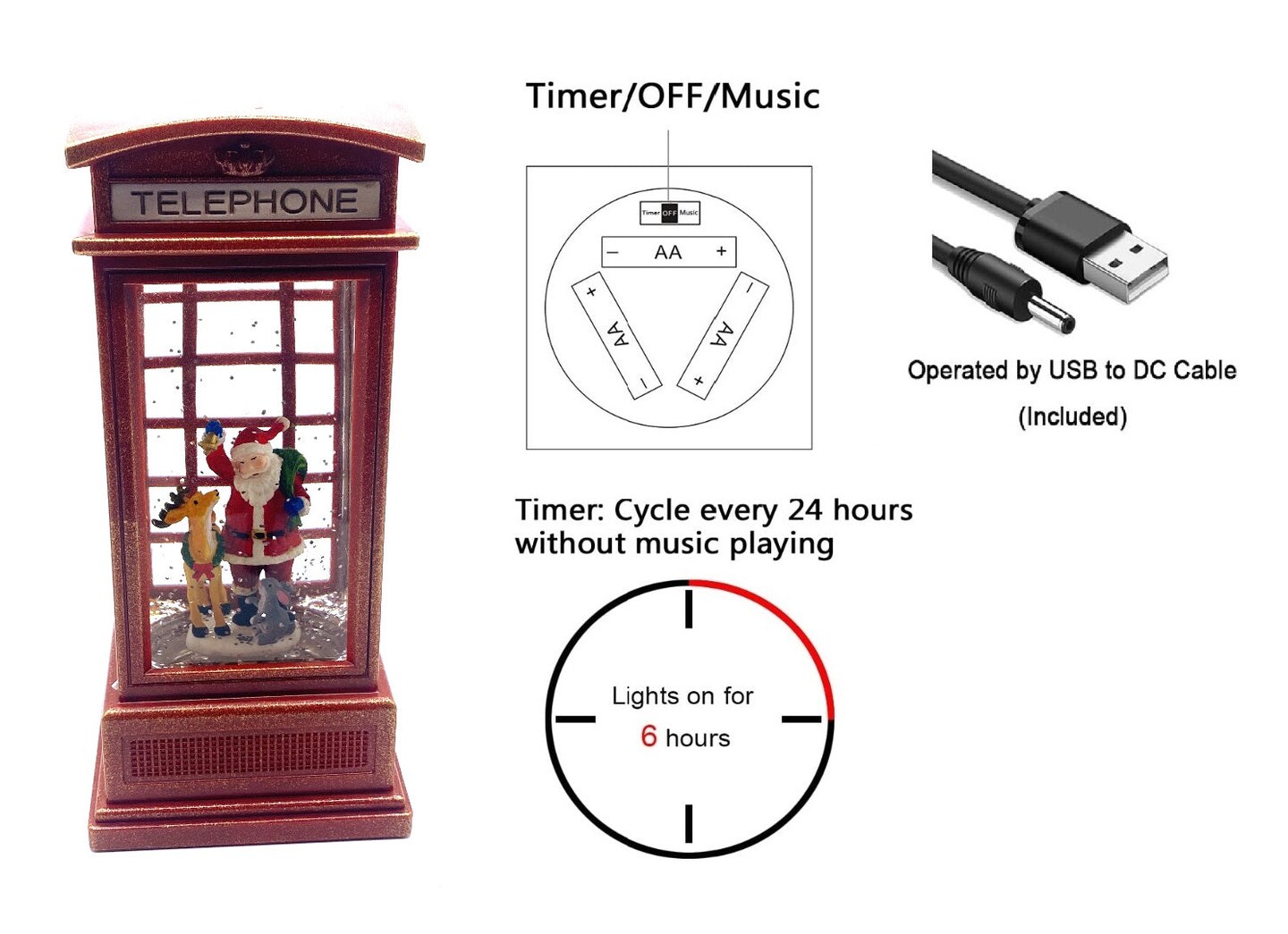 7&#x22; Red Telephone Booth Water Snow Globe with Santa and Reindeer Inside | Christmas Decor