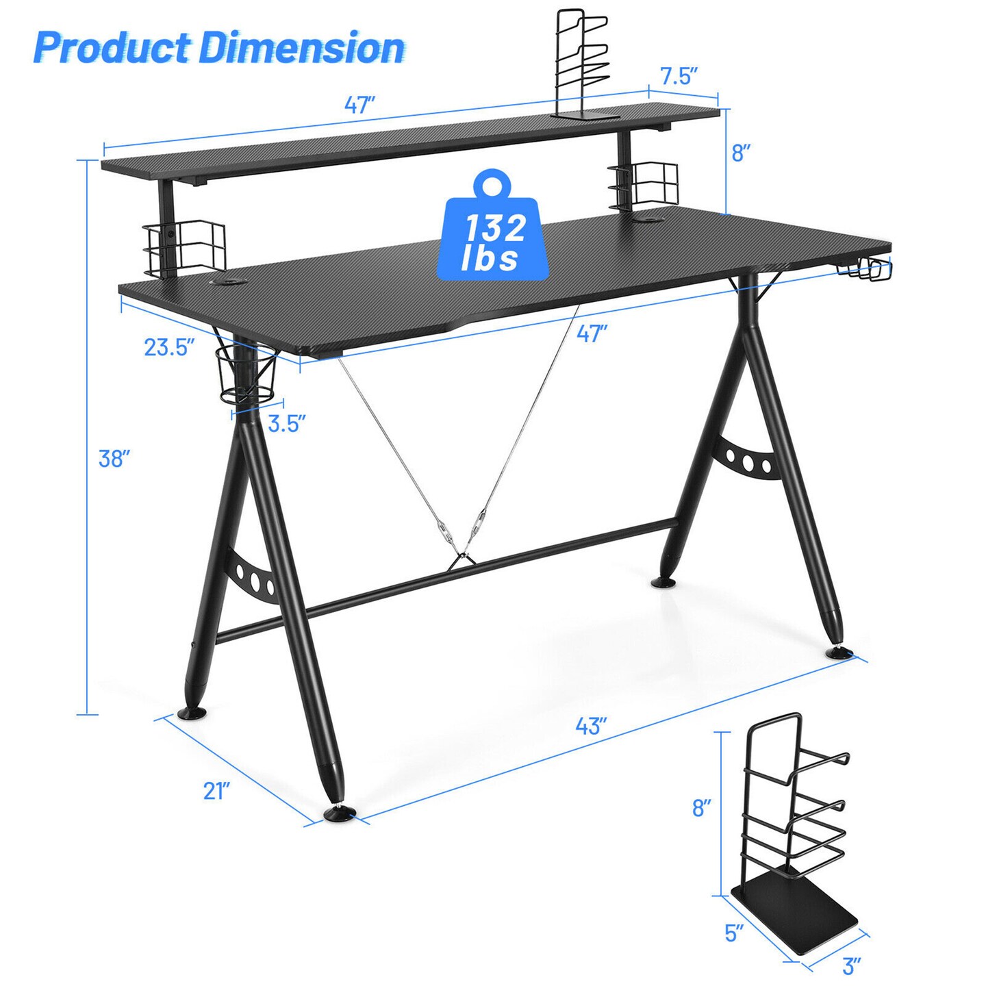 Costway Gaming Desk Home Office Computer Table E-Sports w/Monitor Shelf &#x26; Cup Holder