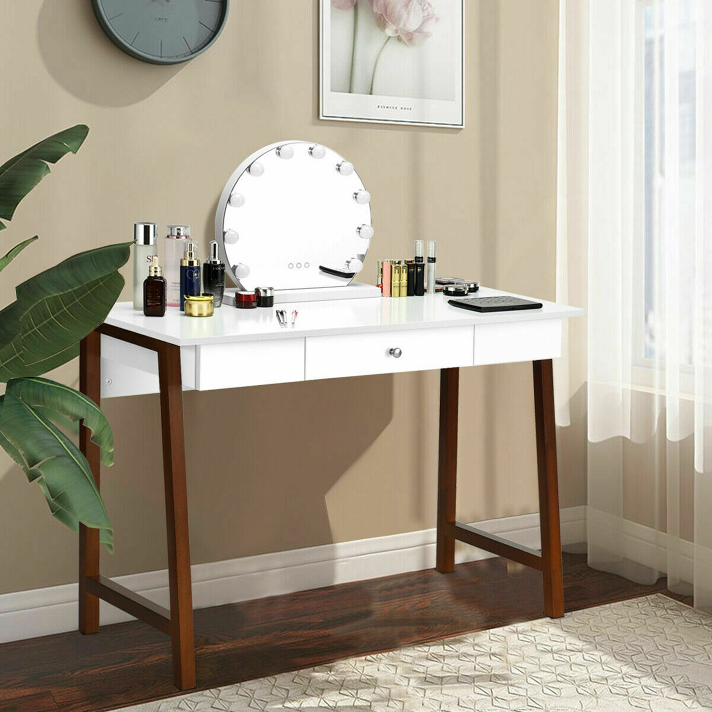 Costway Computer Desk Laptop PC Writing Table Makeup Vanity Table w/Drawer and Wood Legs