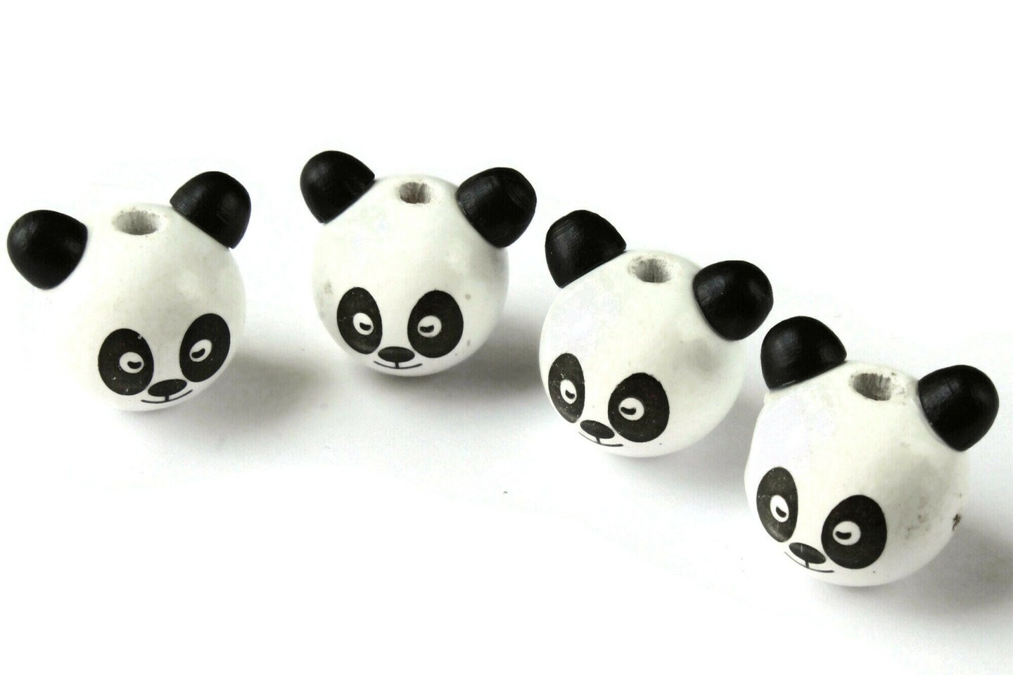 4 26mm Round Wood Black and White Panda Bear Head Beads