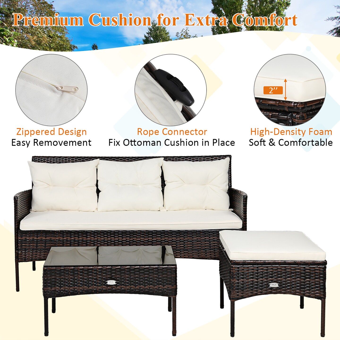 Costway 3PCS Patio Rattan Furniture Set 3-Seat Sofa Cushioned Table Garden Turqouise\Gray\White