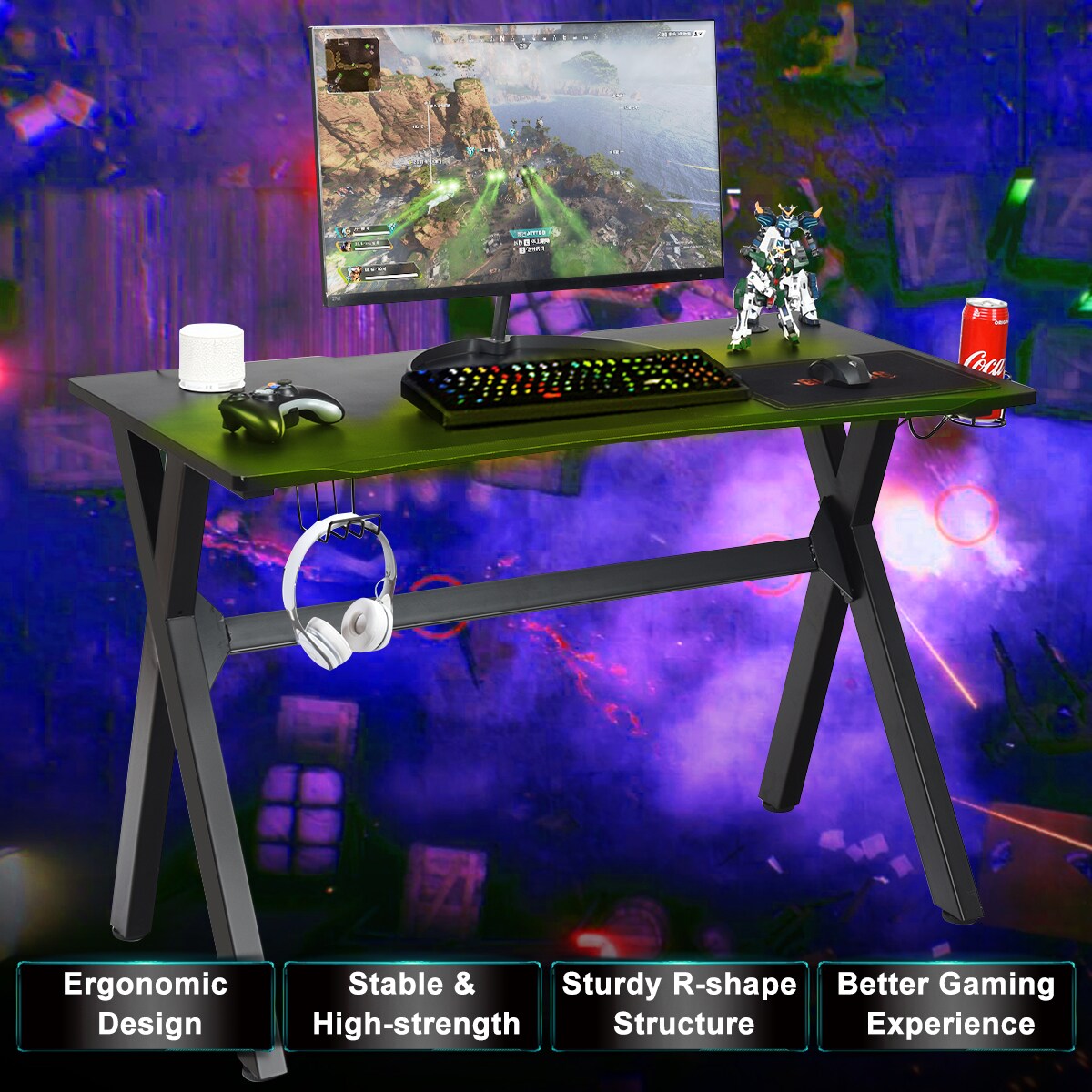 Costway Gaming Desk Computer Desk Table w/Cup Holder &#x26; Headphone Hook Gamer Workstation