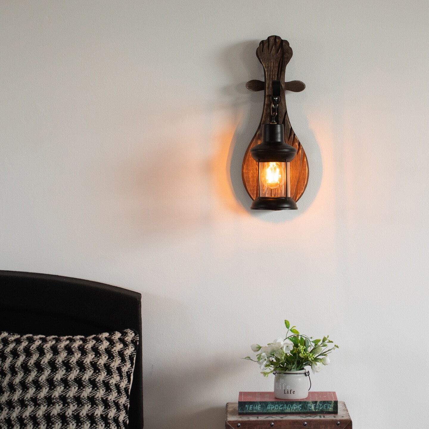 Vintage Industrial Unique Shape Wooden Wall Lamp, Wall Sconce Light for Home, Restaurant or Bar