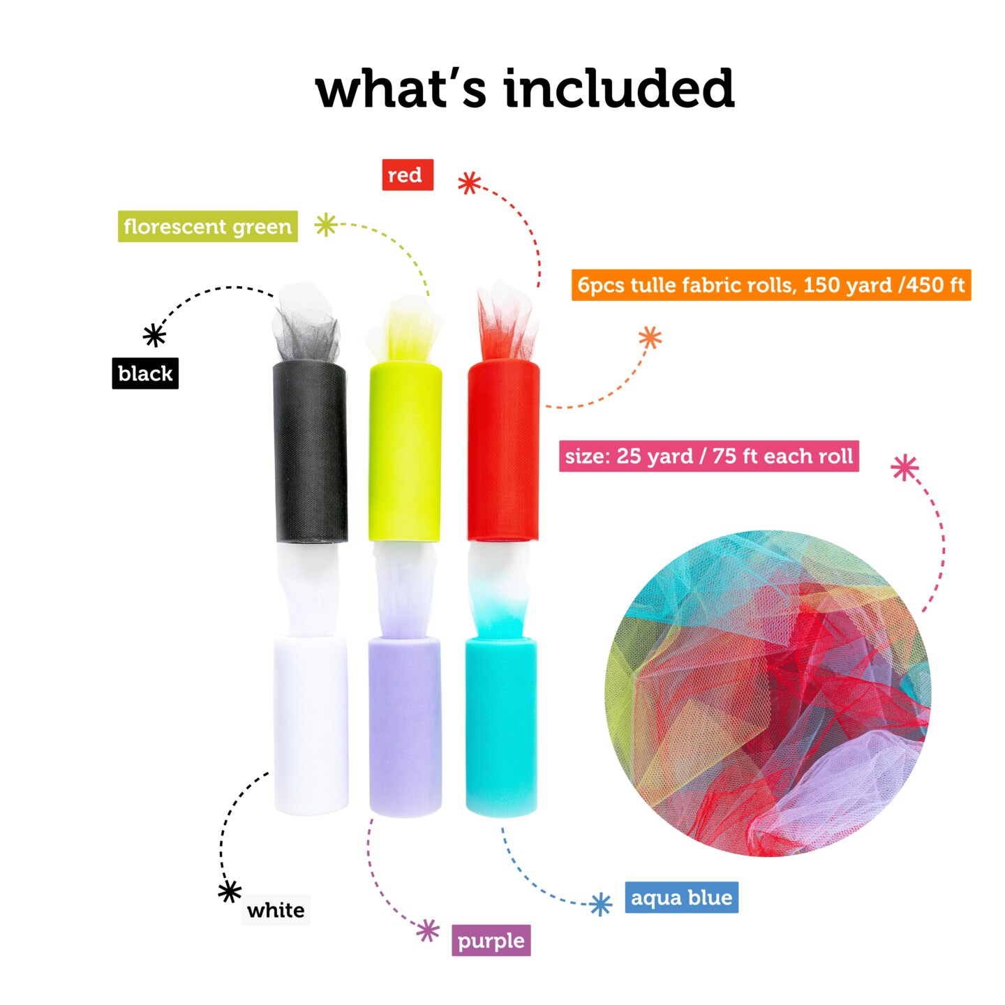 Incraftables Tulle Fabric 6 Rolls (25 Yards per Roll). Best Tulle Ribbon for Gift Wrapping, Wedding Decor, Party Decorations & Crafts (Rainbow Colors - Red, Black, White, Purple, Green & Aqua Blue)