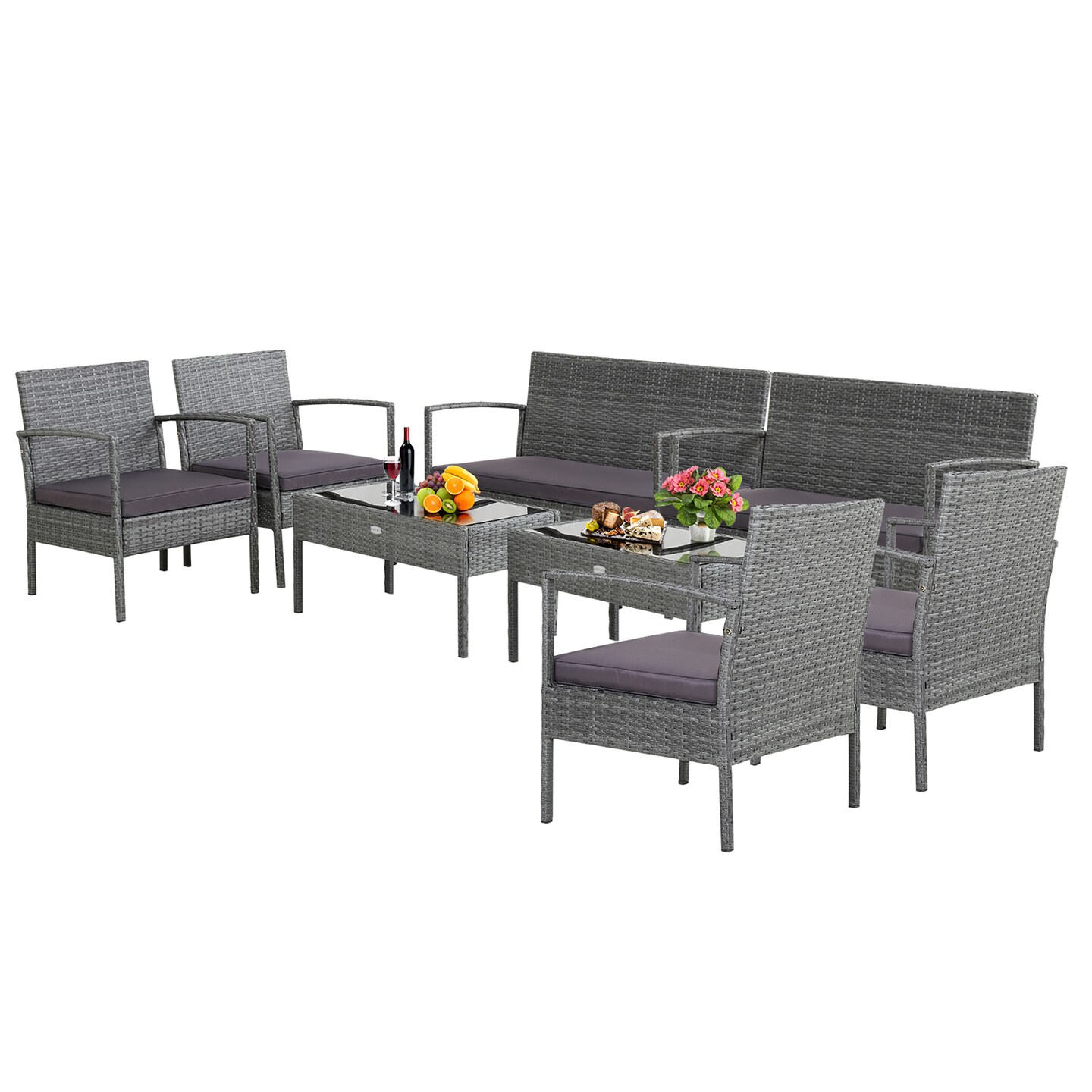 Costway 8 PCS Outdoor Rattan Furniture Set Patio Conversation Sofa Set Cushioned Grey