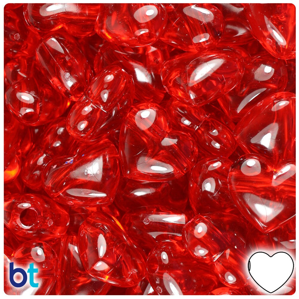 BeadTin Ruby Transparent 18mm Heart Plastic Pony Beads (24pcs)