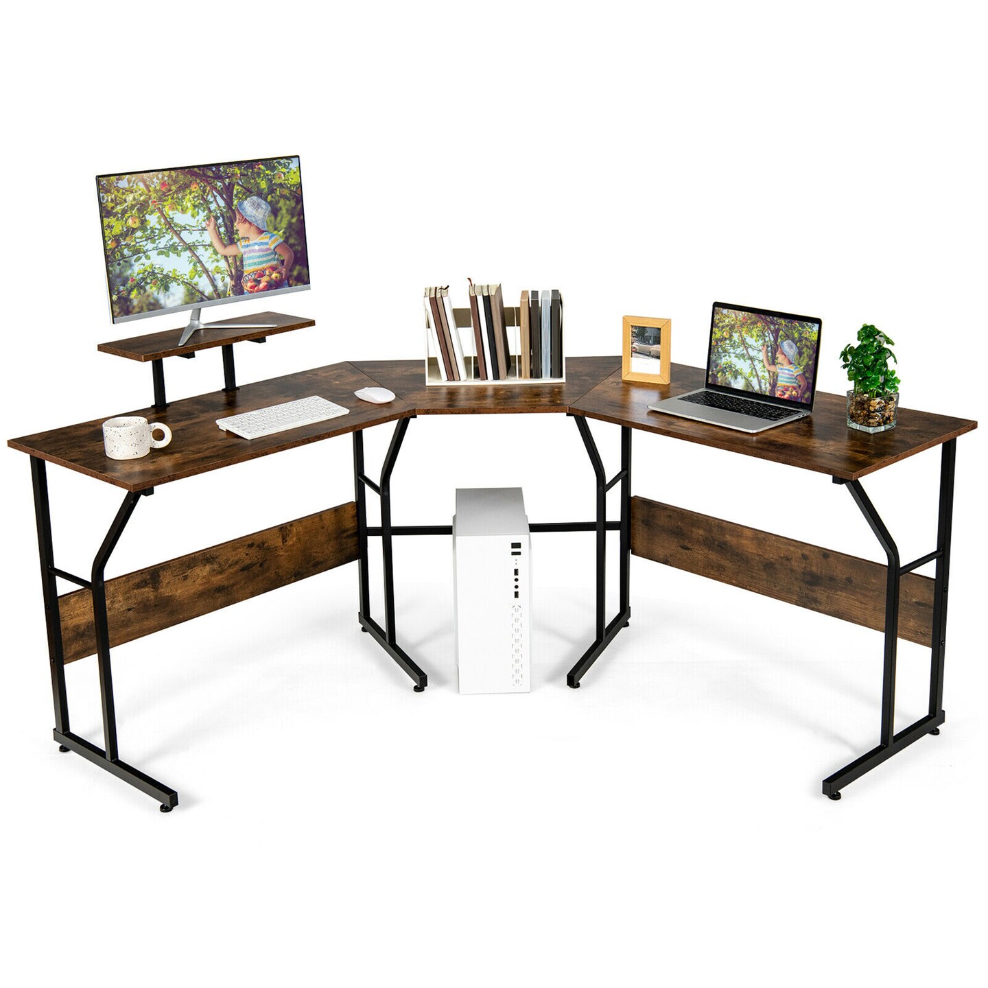 Costway 88.5'' L Shaped Reversible Computer Desk 2 Person Long Table Monitor Stand