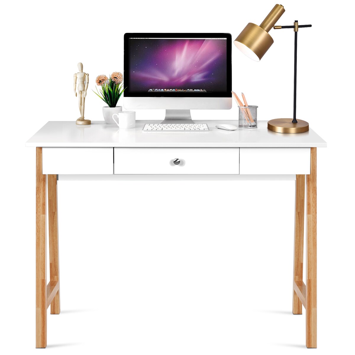 Costway Computer Desk Laptop PC Writing Table Makeup Vanity Table w/Drawer and Wood Legs