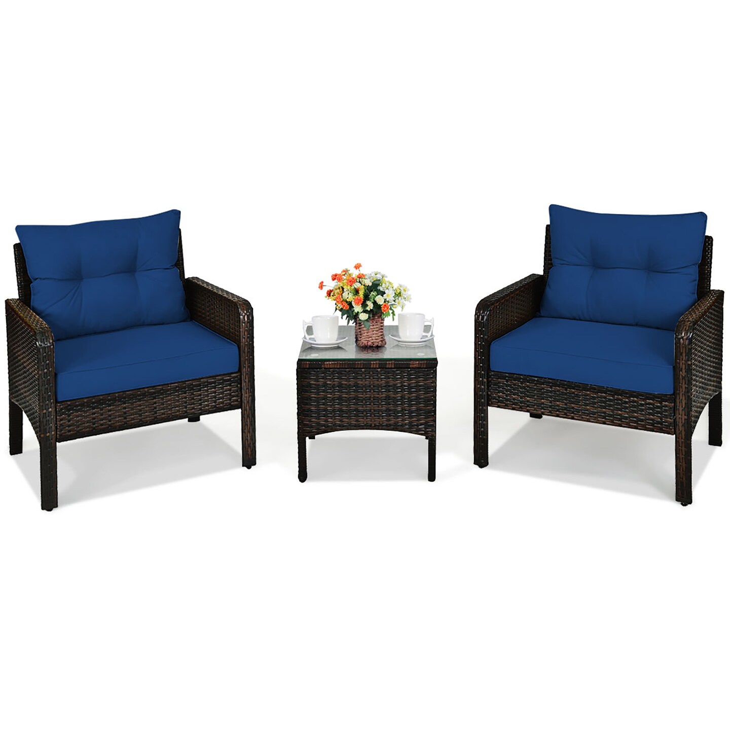 Costway 3PCS Outdoor Rattan Conversation Set Patio Garden Cushioned Sofa Chair