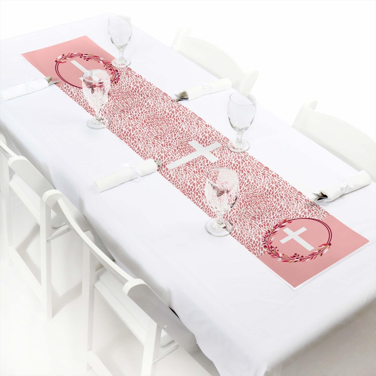 Big Dot of Happiness Pink Elegant Cross - Petite Girl Religious Party Paper Table Runner - 12 x 60 inches